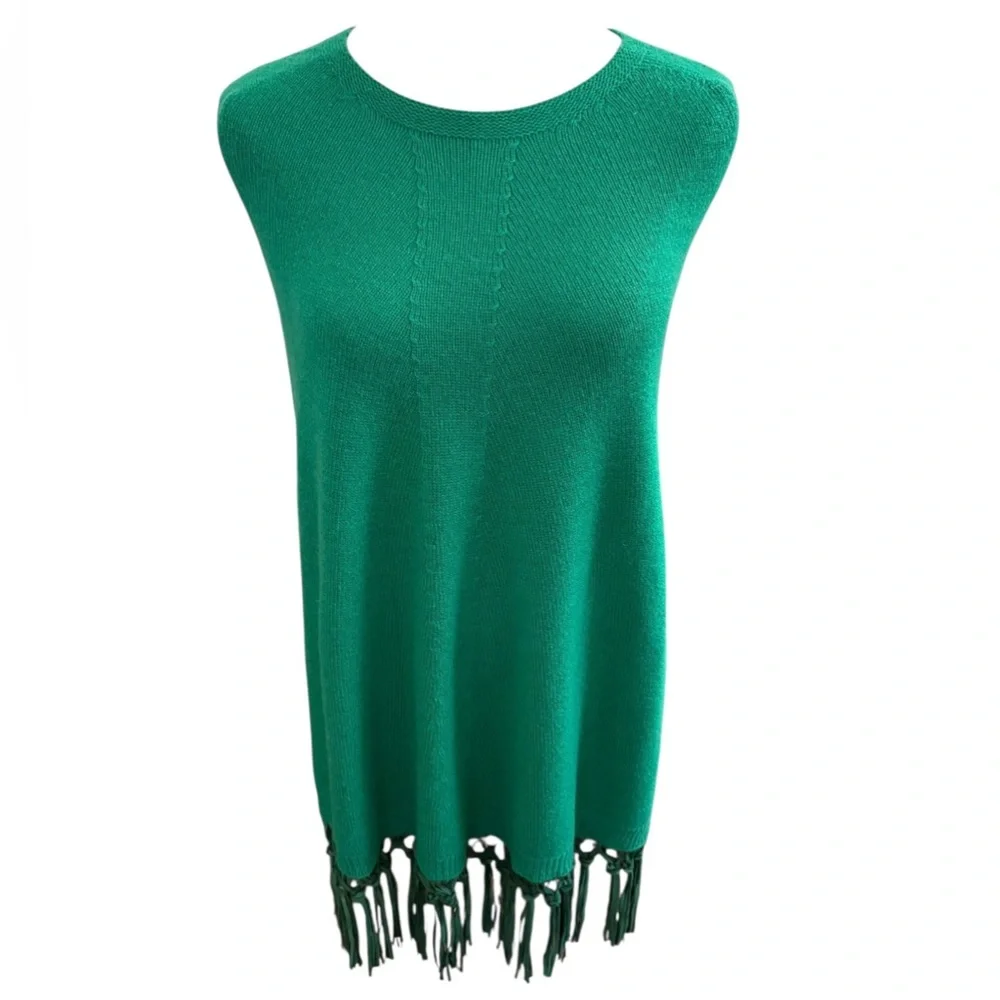 PINOTTI NWT  Green Cashmere Wool Blend Green Poncho/Cape with Leather Fringe